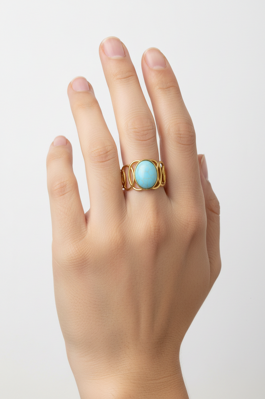 Anello in Acciaio Dorato con Pietra Naturale