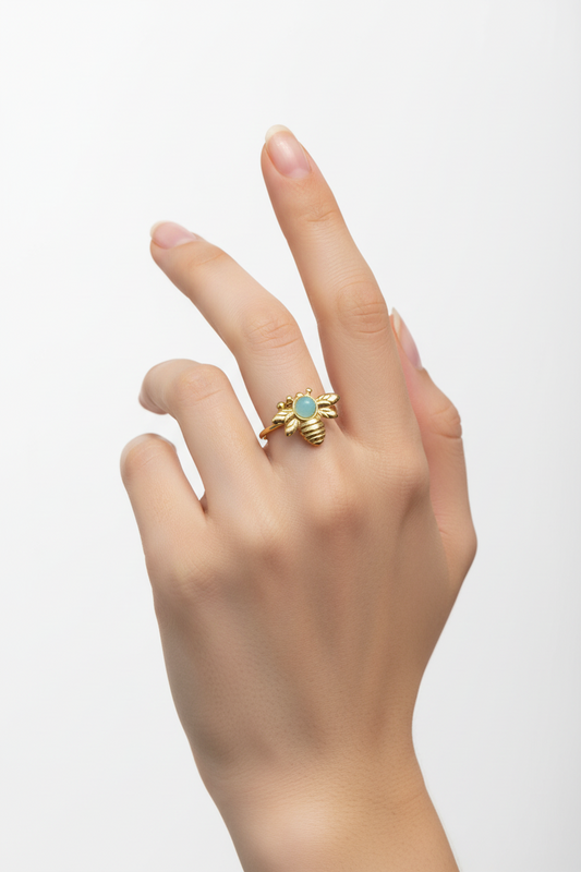 Anello in Acciaio Dorato con Pietra Naturale