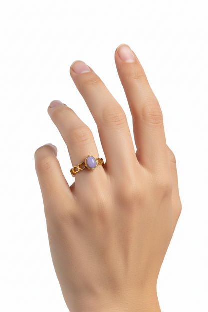 Anello in Acciaio Dorato con Pietra Naturale