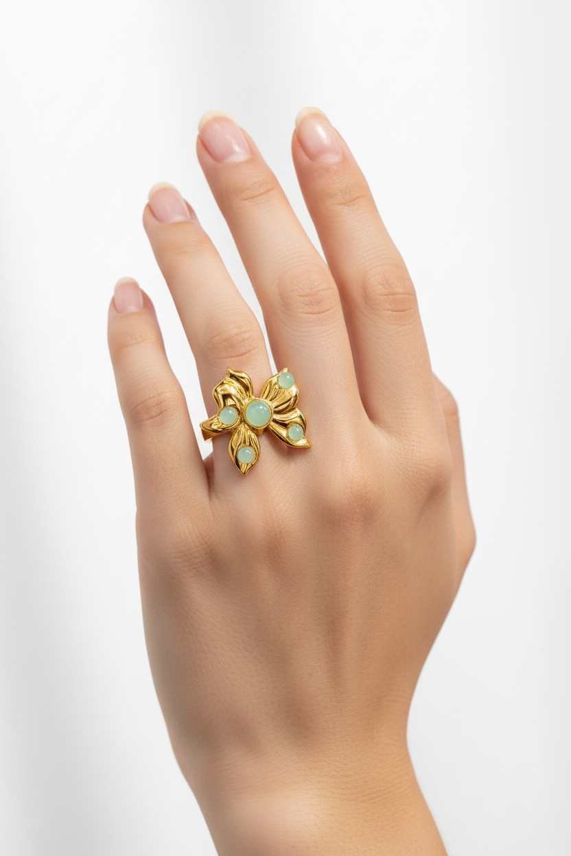 Anello in Acciaio Dorato con Pietra Naturale