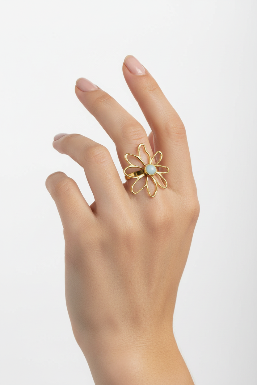 Anello in Acciaio Dorato con Pietra Naturale