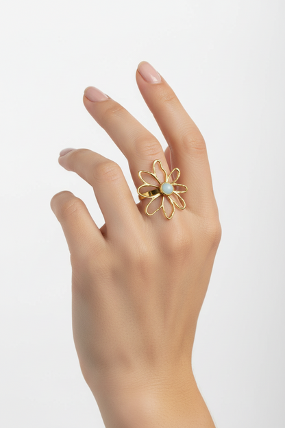 Anello in Acciaio Dorato con Pietra Naturale