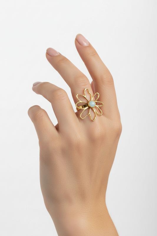 Anello in Acciaio Dorato con Pietra Naturale