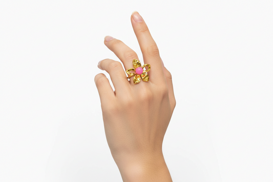 Anello in Acciaio Dorato con Pietra Naturale