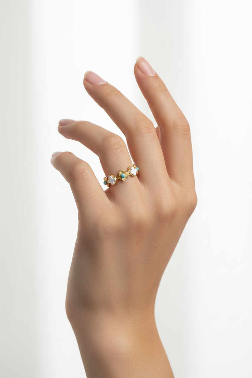 Anello in Acciaio Dorato con Pietra Naturale