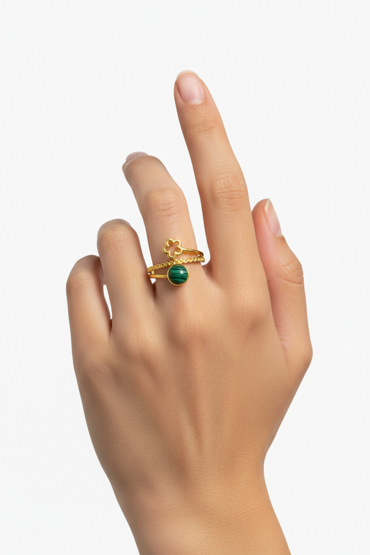 Anello in Acciaio Dorato con Pietra Naturale