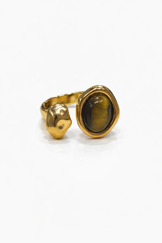 Anello in Acciaio Dorato con Pietra Naturale