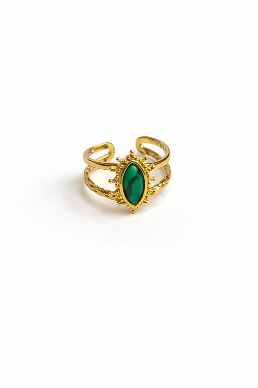 Anello in Acciaio Dorato con Pietra Naturale verde